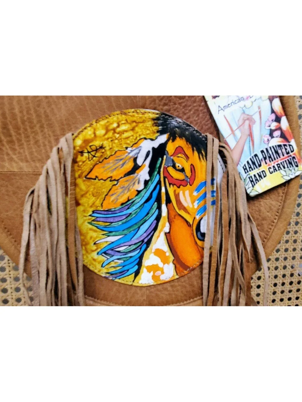 American Darling Hand-Tooled Painted Leather Fringe Circle Purse Western Boho